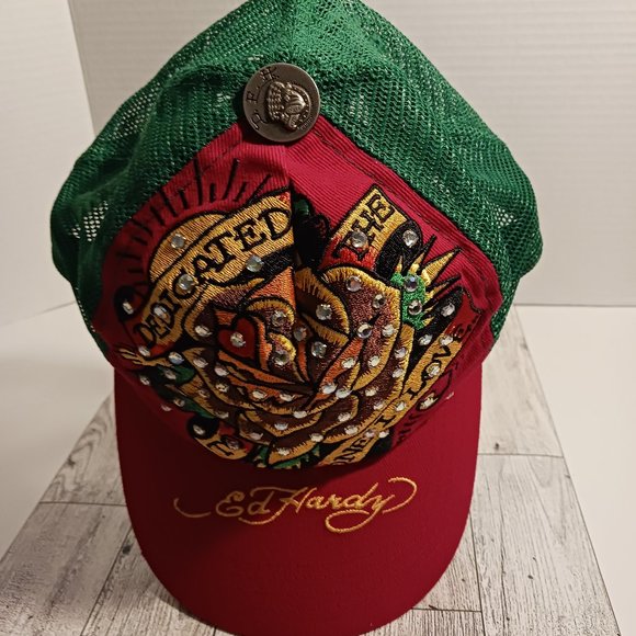 Ed Hardy vintage cap AB rinestones  embroidery big rose os fit all new - Picture 1 of 9